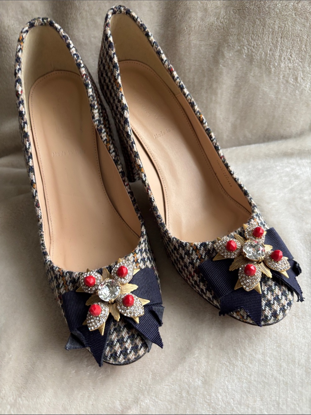 J. Crew Tweed Flats with Navy Bow and Red Jewel Flower - Picture 1 of 7